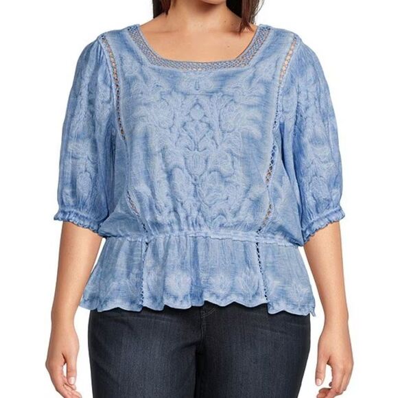 Democracy Bonnet Sleeve Square Crochet Neck Mineral Wash Peplum Woven Top - Picture 14 of 14